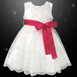 Girls Ivory Floral Lace Dress with Fuchsia Pink Satin Sash